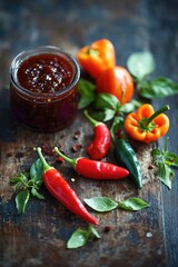 Poster - Fresh peppers and sauce on a rustic wooden table, perfect for a food or kitchen scene