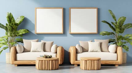 Wall Mural - Two modern couches with decorative pillows and a green plant in a cozy living room setting