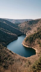 Poster - Serene Canyon Lake Vista Tranquil Water and Autumn Forest, Nature Scenery Stock Photo