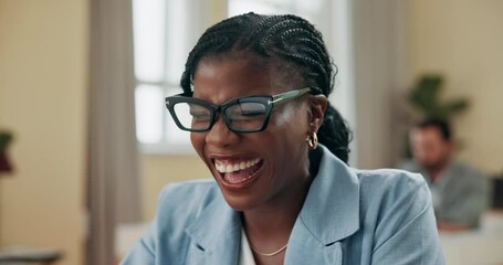 Poster - Glasses, celebration and businesswoman with laptop in office with research for finance profit investment. Good news, happy and African female financial manager typing company forecasting report.
