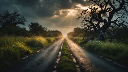 Wall Mural - beautiful rural road at sunset with dramatic clouds and overgrown landscape in a peaceful setting