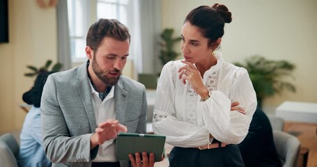 Poster - Browsing, collaboration and people with tablet, office or review of audience engagement on social media. Talking, brand specialist and teamwork for competitive analysis on website, serious or meeting
