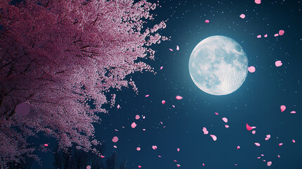 Wall Mural - Glowing cherry blossoms under a full moon in a serene