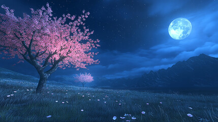 Wall Mural - Glowing cherry blossoms under a full moon in a serene