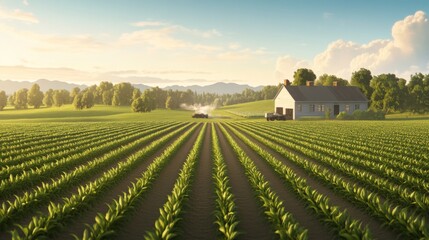 Wall Mural - Sunrise over farm, irrigation system watering crops