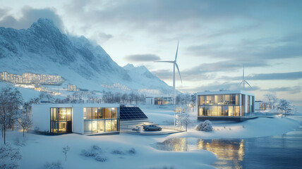Poster - Modern buildings surrounded by snow stand amidst mountainous terrain. Solar panels and wind turbines indicate the use of renewable energy, promoting eco-friendly living in a serene environment.