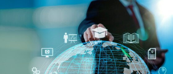 Fototapete - Concept of Online education. man use Online education training and e-learning webinar on internet for personal development and professional qualifications. Digital courses to develop new skills.	
