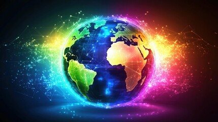 Wall Mural - Vibrant Colorful Earth with Digital Connections and Light Effects