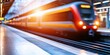 © Chanita - Train approaching platform at sunrise urban train station high-speed transport blurry motion dynamic scene