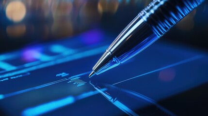 Wall Mural - close-up of pen on touchscreen with digital data visualization