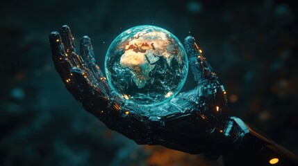 Wall Mural - futuristic robot hand holding digital globe with earth visualization