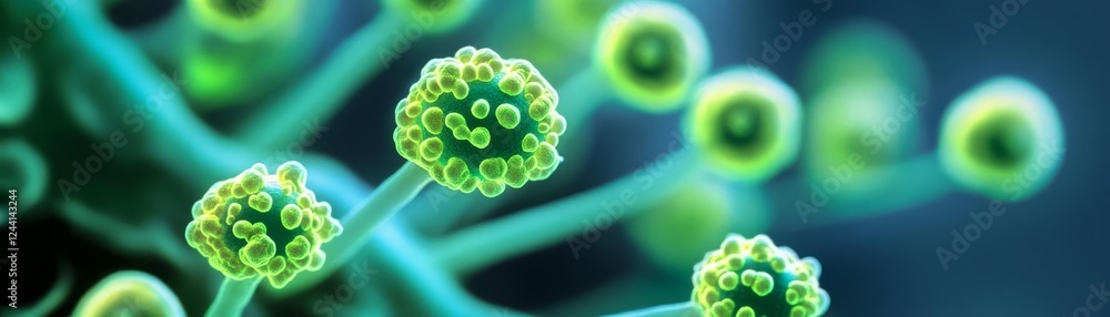 Fungal spores glowing fluorescent green and yellow under UV ...