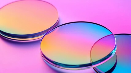 Wall Mural - three colorful glass circles are arranged on a pink background. the circles are of different sizes a