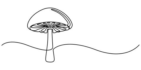 Fototapete - Mushroom food icon, Continuous one line drawing of edible mushroom. One line drawing illustration of mushroom. Fresh raw vegetable concept continuous line art. Editable outline, Abstract shaped bell. 