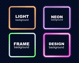 Poster - Set of glowing neon square frames in vibrant colors (orange, pink, green, and purple) on dark transparent background. Modern luminous design for digital, futuristic, and decorative purposes.	