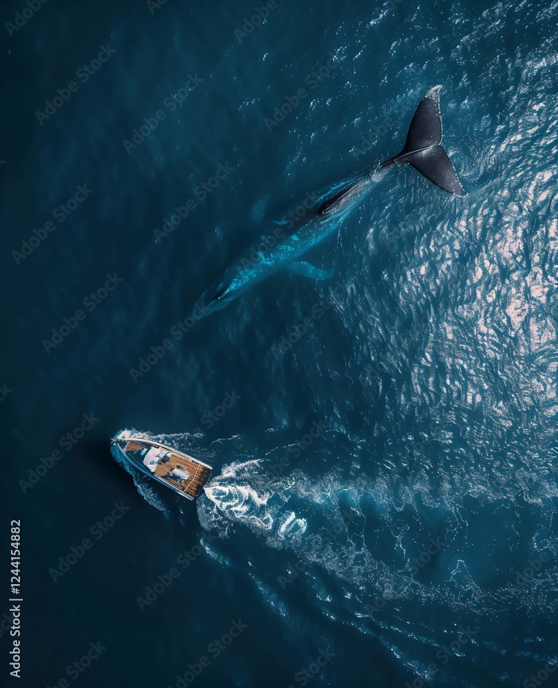 Aerial view of yacht and whale in deep blue ocean waters. World Ocean ...
