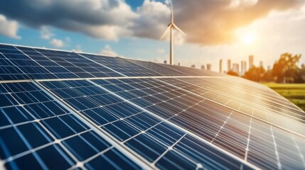 Aufkleber - Solar panels capture sunlight to generate clean energy while wind turbines spin nearby, showcasing renewable energy solutions in an urban setting during sunset.