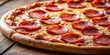 © ChannelPIC - Zoom-out HD shot: minimalist pepperoni pizza against a clean backdrop, simple and appealing.