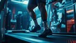 © STwul - Man runs on futuristic treadmill, advanced gym, neon lighting, rehabilitation