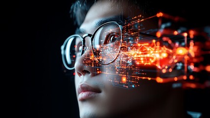 Young man, digital data, futuristic glasses, dark background, technology concept