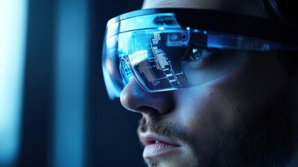 Man using futuristic glasses, city view, tech innovation, AR application