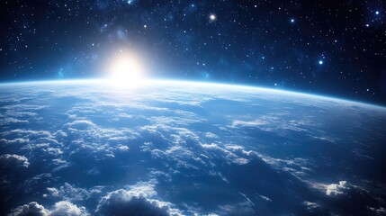 A panoramic space-themed background with dark blue hues, white stars shining brightly, and a celestial mist hovering over the clouds.