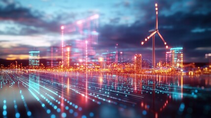 Aufkleber - In an urban landscape at sunset, towering buildings reflect vibrant colors in the water. Wind turbines harness renewable energy while glowing lights highlight a commitment to sustainable practices.