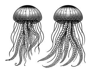 Wall Mural - jellyfish with intricate tentacles and textured bell-shaped bodies, symbolizing marine life and ocea