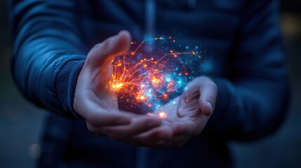 Person holding glowing network sphere outdoors, night