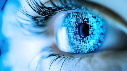Digital data flows in a close-up eye; futuristic tech background, cybersecurity concept