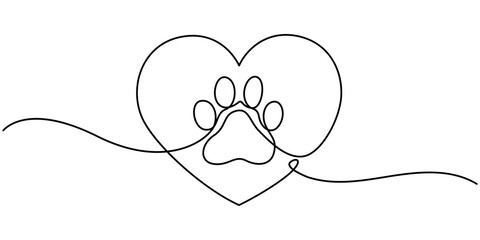 pet animal paw footprint in heart love concept, dog and cat paw hearts drawn in one continuous line.