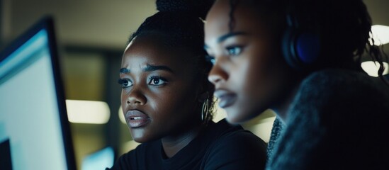 Focused women code late night, office background