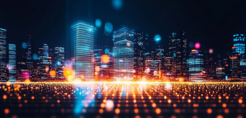 Aufkleber - A vibrant city skyline glows at night with bright lights from skyscrapers.