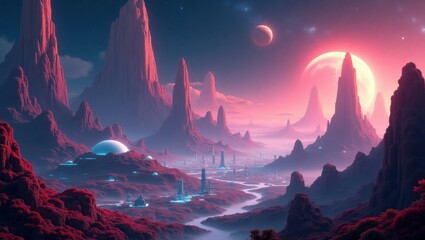Wall Mural - Pink sun emerging behind the horizon of alien mountains