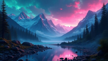 Wall Mural - Pink sun emerging behind the horizon of alien mountains