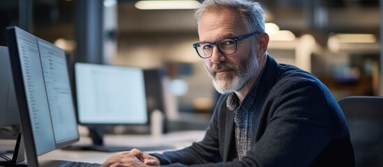 Mature man coding at office desk, colleagues blurred background