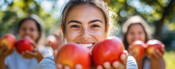 Happy woman presents apples, friends in orchard background