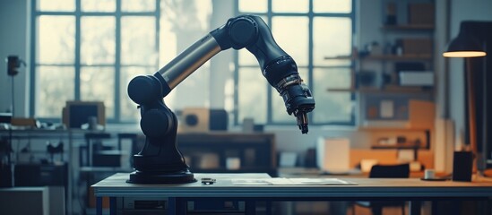 Sticker - Robotic arm in workshop, precision work, blurred background