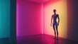 Mannequin posing in vibrant neon-lit room, colorful walls, modern interior, fashion display