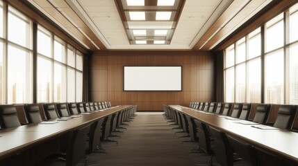 Wall Mural - Modern boardroom, city view, meeting space, presentation screen, business