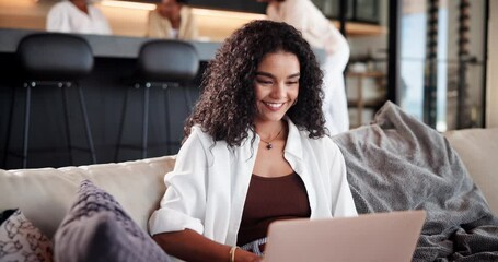 Aufkleber - Laptop, remote work and smile with woman on sofa in living room of home for planning or research. Computer, relax and social media with happy person in apartment for web design as freelance employee