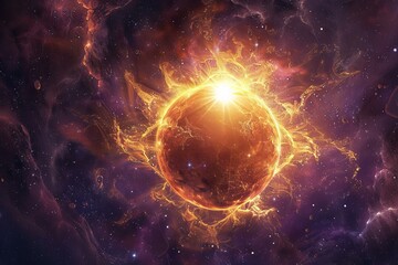Wall Mural - glowing star emitting energy and surrounded by nebulae in deep space