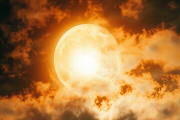 Wall Mural - dramatic orange full moon glowing through dark clouds creating a spooky atmosphere