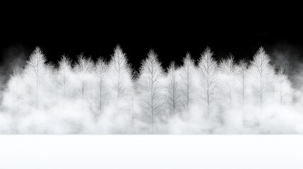 Frosty winter trees in fog, snowy ground, winter landscape, website background