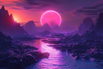 Wall Mural - majestic mountains and a flowing river dominate the landscape of an alien planet bathed in the pink 