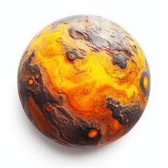 of Io, Jupiterâ???s volcanic moon, with yellow-orange sulfuric plumes and lava fields on a white background
