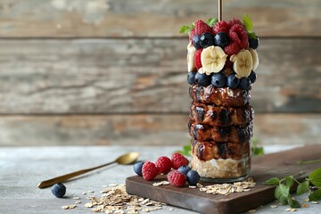 Wall Mural - This delicious jar with oatmeal banana and yogurt topped with berries is perfect for nutritious jar breakfasts. An inviting blend of flavors and textures awaits!