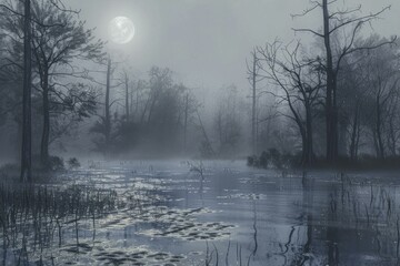Wall Mural - Swamp reflecting moonlight on a foggy night creating a spooky and mysterious atmosphere