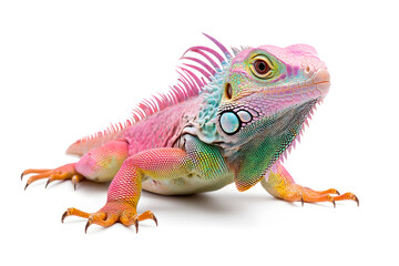 Poster - Rainbow color reptilian Iguana sitting on white backdrop