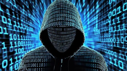 Cybersecurity threat depiction: anonymous hacker amidst digital binary code
